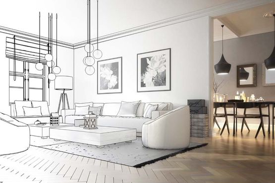 Innenraumkonzept Zeichnung und Foto Wohnzimmer - Wohnraumplanung in Salzburg